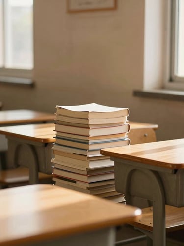 A quiet, sunlit classroom corner with neatly stacked books and wooden desks, warm morning light streaming through a window