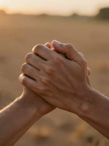 A close-up of two hands clasped together in a gesture of support, soft golden-hour light, warm earth tones, shallow depth of field