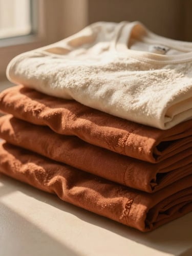 A close-up of neatly folded organic cotton garments in warm terracotta and cream tones, bathed in soft golden-hour window light.