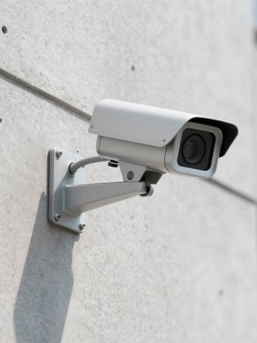 Sharp architectural close-up of a modern security camera mounted on a clean slate gray concrete wall, perfect cable alignment, bright daylight, professional depth of field