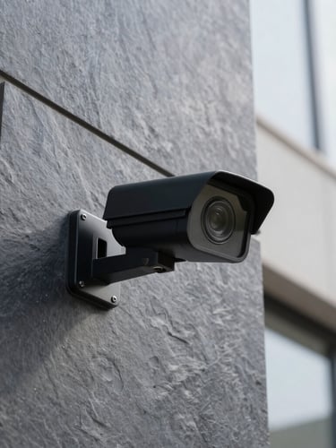 Sleek modern black security camera mounted on a clean dark slate facade, sharp architectural symmetry, bright morning light, professional depth of field.