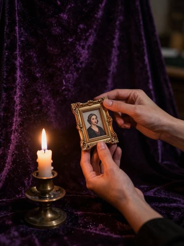 Low-key chiaroscuro portrait of a female artist in a velvet-draped studio, soft golden candlelight illuminating her hands holding a delicate miniature frame, 35mm film.