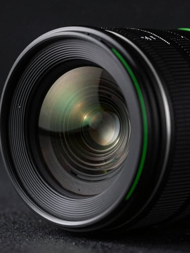 Macro close-up of a premium camera lens with sharp reflections, soft green ambient rim lighting, clean high-contrast dark studio background