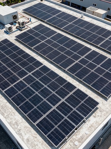 Overhead orthographic view of a large commercial rooftop covered in a dense grid of photovoltaic panels, hard midday sunlight casting sharp geometric shadows across the array, HVAC units and conduit runs visible at the margins, no people, industrial scale apparent from the systematic row geometry