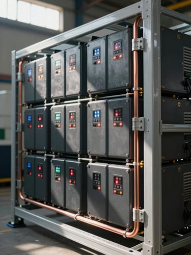 Close-up 45-degree angle of commercial battery storage rack modules in a facility — individual cell modules visible with status indicator LEDs, heavy-gauge copper bus bars and conduit connections in sharp focus, hard daylight from industrial skylights casting defined shadows across the rack face, no people, no soft lighting