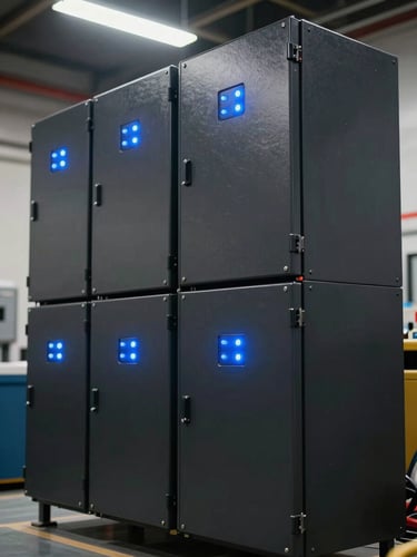 Close-up 45-degree angle of a commercial battery storage rack system, wall-mounted black enclosures with blue status indicator lights, exposed conduit and cable management visible, hard industrial lighting from above, no people, facility floor visible at bottom edge
