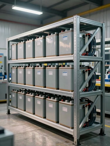 Close-up 45-degree angle of commercial battery storage racks in an industrial facility, rows of lithium cells in steel enclosures with visible bus bars and cable management trays, hard overhead fluorescent lighting casting precise shadows, no people, infrastructure reads as engineered capital asset