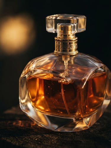 Macro close-up of an elegant glass perfume bottle catching warm golden-hour side-light, highlighting amber liquid facets and soft shadows.