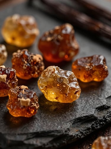Macro close-up of raw amber resin blocks and vanilla pods resting on dark textured stone, illuminated by dramatic low-key side lighting.