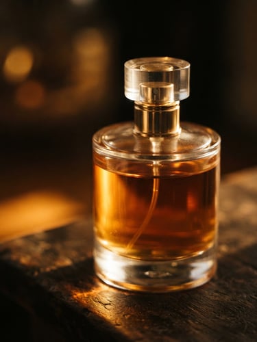 Macro close-up of a minimalist glass perfume bottle catching warm golden-hour sunbeams, soft shadows, shallow depth of field