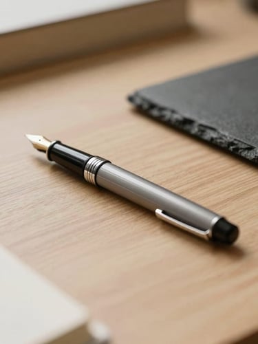 A single high-quality fountain pen resting on a clean oak desk, soft natural side lighting, shallow depth of field, minimalist workspace