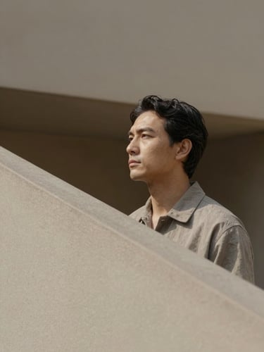 Warm minimalist editorial photography of a leader in calm contemplation, soft natural daylight, muted earth tones, architectural lines, shallow depth of field.