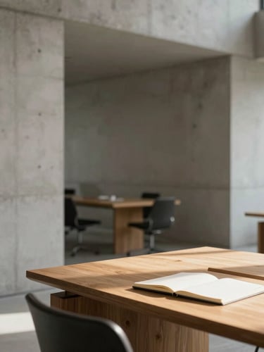 Minimalist architectural office space with clean concrete lines, soft natural daylight casting long shadows on a warm wooden desk with a single notebook, shallow depth of field.