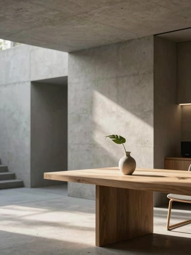 Minimalist modern concrete architectural office, soft morning light casting long shadows on a clean wooden desk, single green leaf in a ceramic vase, shallow depth of field