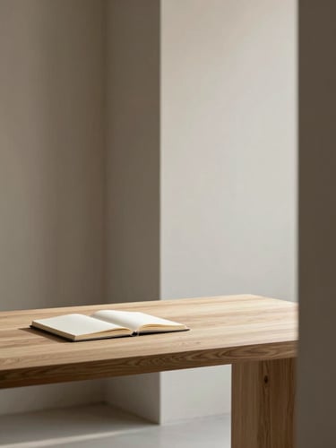 Warm minimalist editorial photography of an architectural space with clean lines, light oak desk with a single notebook, soft morning daylight, muted shadows.
