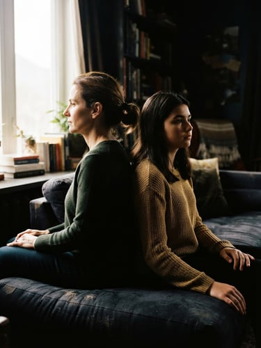 Close-up of a mother and teenage daughter sitting back-to-back on a sofa, looking away in quiet tension, dramatic window light, high-contrast shadows, warm editorial photography.