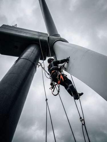 Low-angle heroic shot looking up at a wind turbine nacelle, a technician in high-visibility gear rigged on ropes performing blade repair, silhouetted against a dramatic overcast sky, safety orange accents visible on harness, wide-angle lens