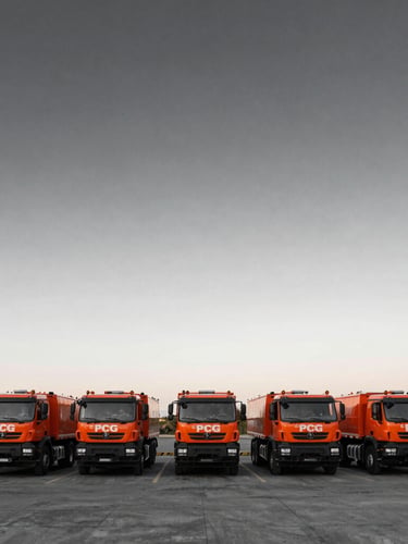 Wide-angle shot of marked PCG Wind service vehicles, heavy-duty trucks, parked in a dispatch yard at dawn, ready for mobilization, low horizon, industrial documentary photography style