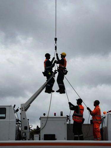 Technicians in high-visibility gear rigging ropes on a specialized service vehicle, silhouetted against a dramatic overcast sky, industrial documentary style, safety orange accents.