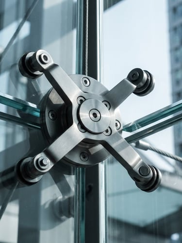 Macro close-up of a brushed stainless steel spider connector on a thick glass facade, sharp high-contrast shadows, cool architectural daylight, 50mm lens.
