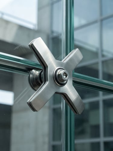 Macro close-up of a brushed stainless steel spider connector holding a thick structural glass panel, cool daylight, sharp shadows, architectural minimalism