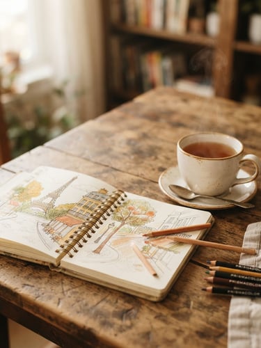 Warm editorial photography of an open travel coloring book on a wooden table, next to a steaming ceramic cup of tea, soft morning window light, muted cream and earthy tones, shallow depth of field, 35mm