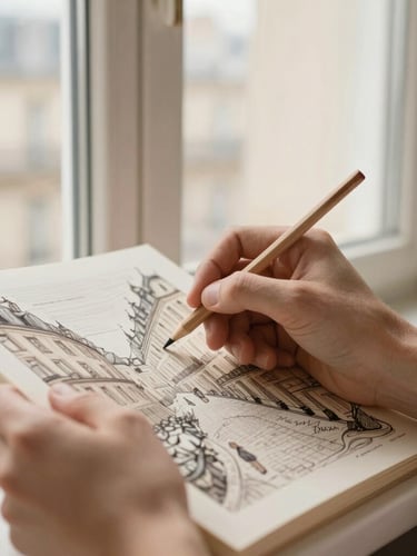 Warm editorial photography of hands gently holding a colored pencil over detailed illustrations of Parisian streets, soft morning window light, muted cream and earthy tones, shallow depth of field, 35mm