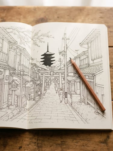 Overhead flat-lay of an open coloring book showing hand-drawn Kyoto streets, a wooden pencil resting on the heavy cream paper, soft morning window light, warm earthy tones.