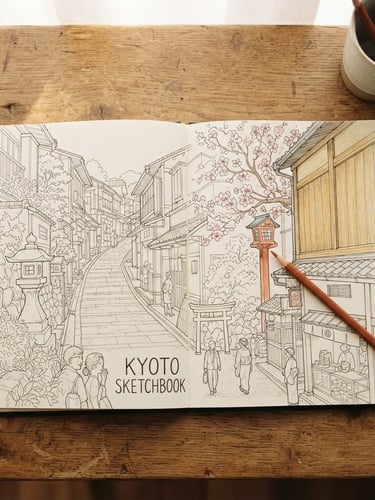 Overhead flat-lay of an open coloring book on a wooden table, showing elegant hand-drawn Kyoto streets, a sharp colored pencil, and soft morning window light, 35mm.