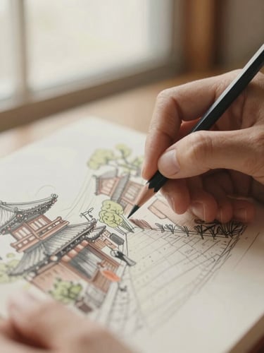 A close-up shot of hands gently holding a finely sharpened colored pencil over a detailed hand-drawn illustration of a Kyoto street, warm morning light, shallow depth of field.