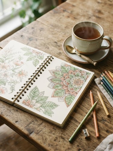 Overhead flat-lay of an open coloring journal on a rustic wooden table next to a steaming ceramic cup of tea, soft morning window light, warm muted tones, 35mm.