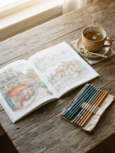 Overhead flat-lay of an open travel coloring book on a rustic wooden table, soft morning light, colored pencils and a steaming cup of chamomile tea nearby, 35mm photography