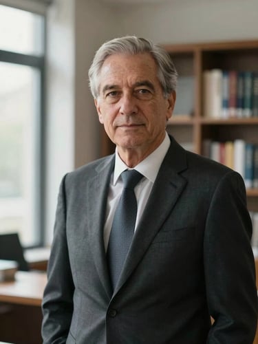 Professional portrait of a senior executive in a composed daylit office, soft natural window light from the left, neutral background of blurred bookshelves, standard corporate portrait distance, calm and authoritative expression