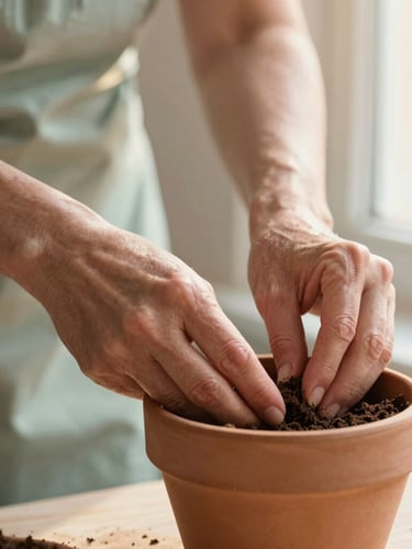 Close-up of a mature woman's hands gently potting soil into a clay vessel, warm golden-hour window light, soft focus, dusty pink and sage green tones