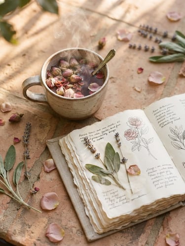 Overhead flatlay of a steaming mug of rose tea, an open linen journal with handwritten notes, and pressed sage leaves on a sun-dappled clay table, warm editorial photography, 35mm