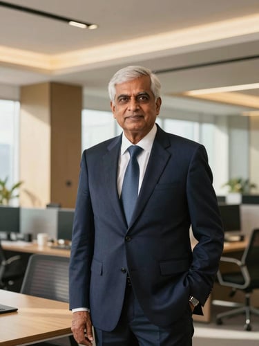Professional environmental portrait of a senior Indian financial advisor in a modern corporate office, warm sunlight, clean architectural lines, editorial corporate photography style, 35mm