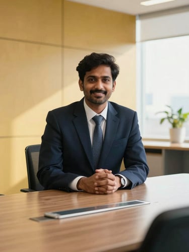 Editorial corporate photography of a modern Indian corporate office boardroom, bright natural daylight, deep navy and gold accents, professional, 35mm