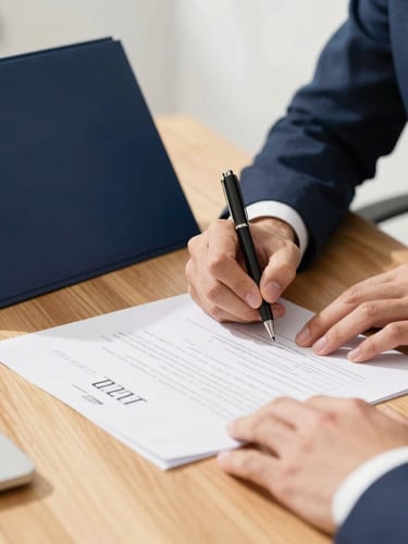 A close-up of hands signing a property deed on a clean wooden desk, warm daylight, navy blue folder nearby, professional corporate atmosphere