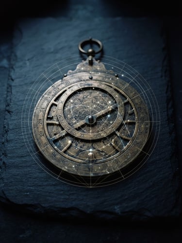 Fine-art astronomical photography of an ancient brass astrolabe resting on dark slate, sharp geometric line overlays, moody low-key chiaroscuro lighting, deep midnight blue tones, 35mm film