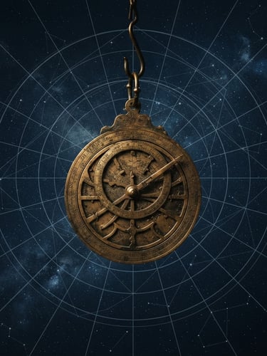 Fine-art astronomical photography, deep slate blue background, sharp geometric line overlay, antique brass astrolabe, moody low-key lighting, 35mm film