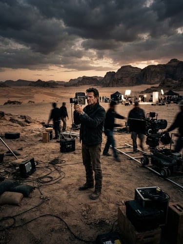 Extreme wide anamorphic film shot, low-key dramatic natural lighting, a director holding a vintage viewfinder on a dusty desert set, rich analog grain, 35mm format