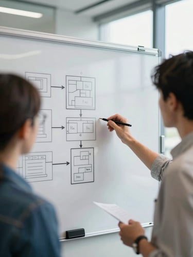 Collaborative architectural whiteboarding session in a bright modern office with natural light, focus on structured diagrams on board, shallow depth of field, 35mm