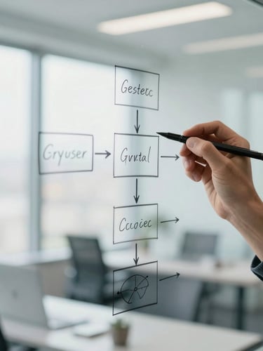 Close-up of a software architect sketching a clean system schema on a glass board, bright natural daylight, shallow depth of field, 35mm