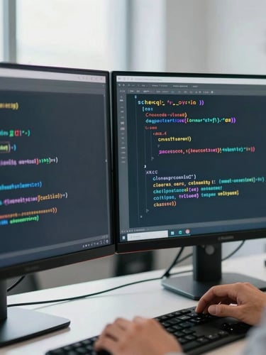 Sharp close-up of a developer analyzing clean code on dual monitors, bright natural office daylight, cool tones, shallow focus, 35mm