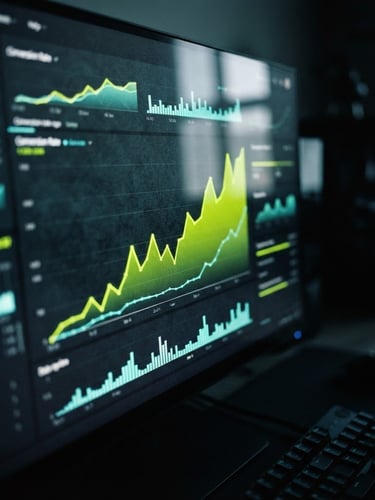 Macro shot of a clean digital dashboard displaying rising conversion graphs on a physical screen with glass reflections, dark ambient lighting with electric lime accents, 35mm