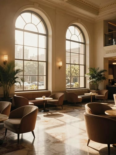 Low-lit grand hotel lobby with warm golden-hour light streaming through tall arched windows, casting long shadows on polished marble floors, refined mid-century furniture, elegant atmosphere, 35mm photography.