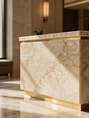 Tactile macro detail of polished travertine marble and golden champagne accents in a sunlit hotel lobby, warm editorial