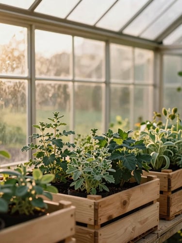 Sun-drenched regional estate farm greenhouse, warm golden-hour window light filtering through glass panels, fresh heirloom herbs in wooden crates, rich cream and espresso tones, shallow depth of field, 35mm.