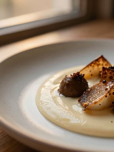 Close-up macro of an exquisitely plated seasonal dish, warm golden-hour window light catching the edge of a hand-thrown ceramic plate, rich cream and espresso tones, shallow depth of field, 35mm.