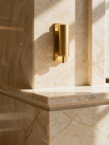 Tactile close-up of polished cream marble and brushed champagne gold fixtures in a sun-drenched hotel lobby, warm shadows, editorial style.